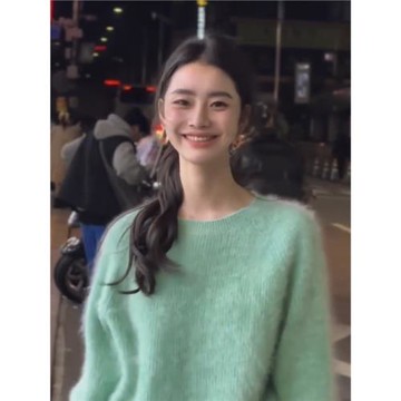 奶fufu溫柔風綠色馬海毛毛衣女秋冬內搭慵懶水貂絨針織衫上衣加厚