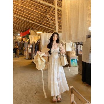 (免運)一顆甜桃yikett《日暮伊甸園》吊帶連衣裙女夏季仙女裙收腰長裙