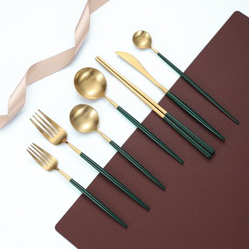 北歐ins墨綠304不銹鋼西餐刀叉勺三件套家用牛排餐具甜品叉勺套裝