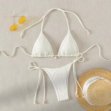 系帶掛脖三點式比基尼貝殼裝飾白色分體泳衣純色溫泉泳裝bikini