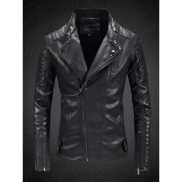 斜拉鏈皮衣男立領韓版潮流修身騎行服翻領休閑機車仿真皮夾克外套