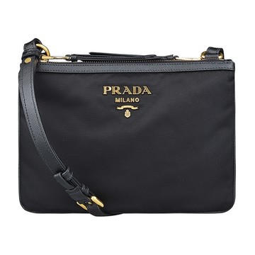 PRADA 普拉達  BANDOLIERA 金字LOGO雙層拉鍊設計尼龍拉鍊斜背包(黑)