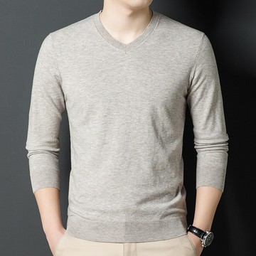 春秋季男士V領長袖純色針織衫休閑男裝上衣針織打底衫壹件批發鑫弘-衣錦男裝