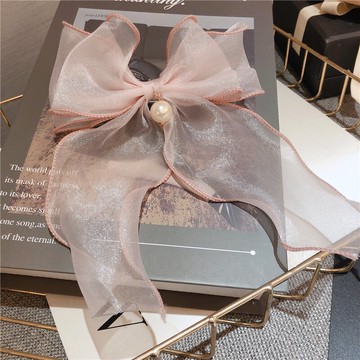 粉色歐根紗大蝴蝶結發夾飄帶年新款夾子頭飾發卡女夏發飾頭花