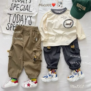 🌈✨mix1001帥氣標籤裝飾縮繩縮腳褲✨兒童折邊立體口袋休閒褲5-17