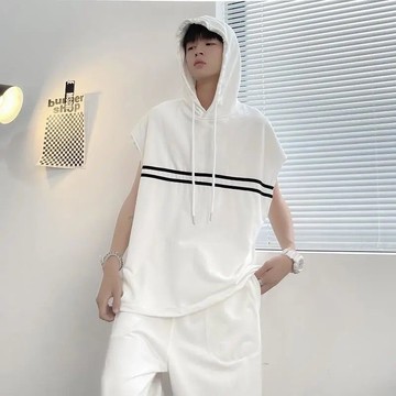 連帽無袖背心青少年運動套裝男夏季潮牌休閑短褲兩件套薄款痞帥潮