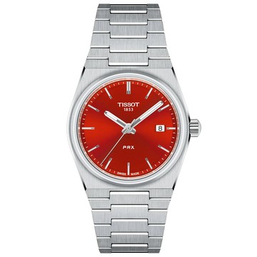 TISSOT 官方授權 T137.210.11.421.00 PRX系列紅色太陽紋石英女錶 開學季好禮-35mm T1372101142100