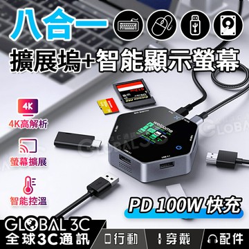【4%點數】八合一智能擴展塢 4K 60FPS 影音傳輸 八口輸出 TypeC USB擴展器 PD100W快充 HDMI
