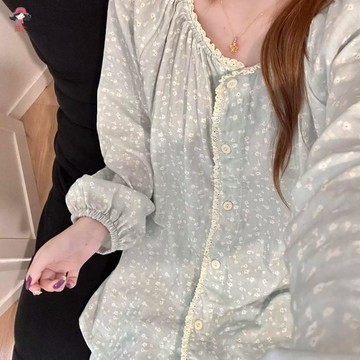 台灣出貨 慵懶風圓領碎花睡衣女士春秋季新款帶胸墊長袖長褲舒適親膚家居服睡衣女帶胸墊睡衣秋冬睡衣睡衣套裝胸墊睡衣