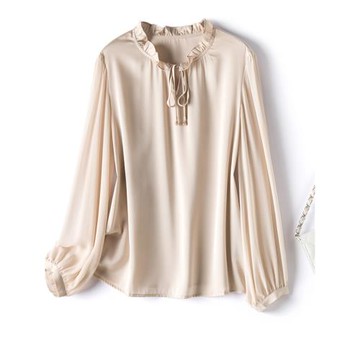 希區向西木耳邊飄帶真絲襯衫女桑蠶絲上衣立領高級感襯衫長袖2025