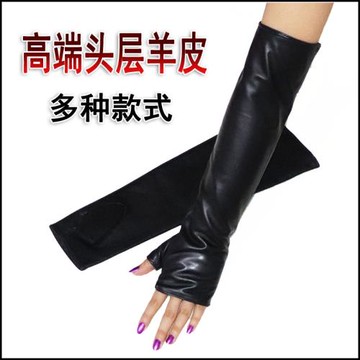 真皮手套女士羊皮長款半指露指過肘手臂套皮袖套手袖子冬加絨保暖