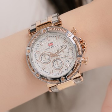 MINIFOCUS時光愛語真三眼日期顯示金屬鍊帶手錶【WMF0470】-白面玫金銀帶