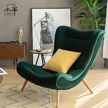 【小半家具】蝸牛沙發 北歐白橡木實木沙發躺椅 大款墨綠色天鵝絨 (H014349235)