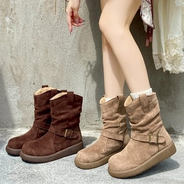 【白鳥麗子】率性V口絨布抓皺一字帶厚底短靴圓頭靴 店長推薦