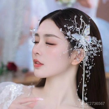 【台中出貨 ✅開發票】蝴蝶流蘇珍珠髮夾 髮夾 女新娘婚紗頭飾僊美水晶髮飾寫真拍照配飾07 RINJ
