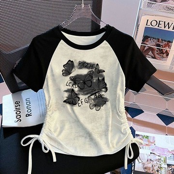 【臺灣-出貨】女童短袖T恤夏裝2025新款洋氣卡通插肩袖上衣修身撞色兒童裝夏季LJS36