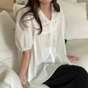 正韓襯衫 褶皺五分袖襯衫CPC1004-創翊韓都