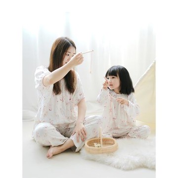 親子家居服！雙層竹棉紗布寶寶空調房睡衣媽媽分體長褲套裝薄款