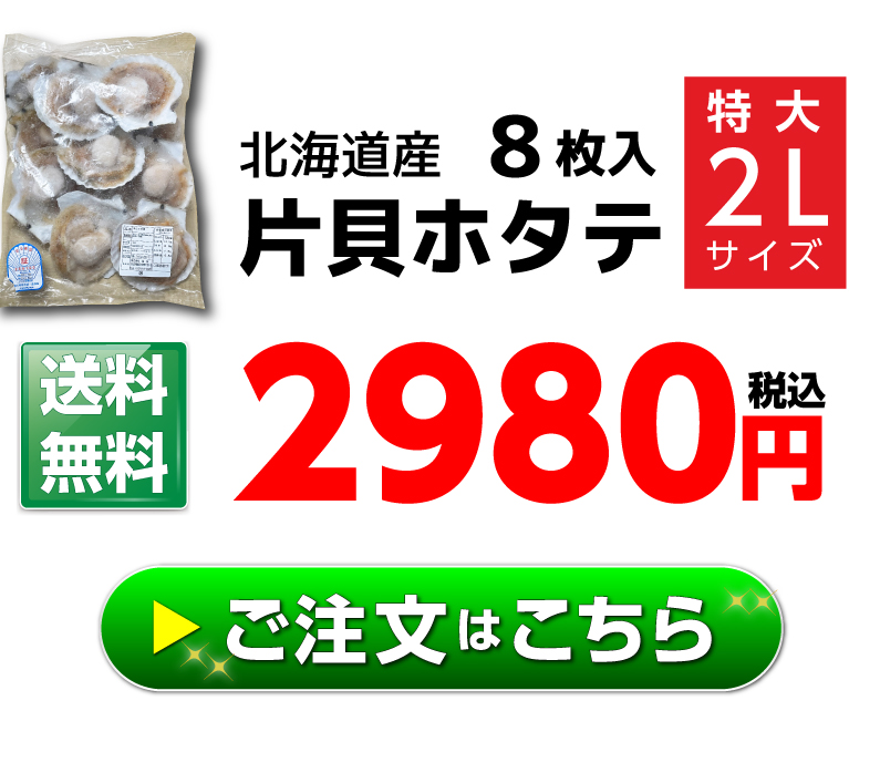 片貝ホタテ 北海道 噴火湾産 ２L 8枚入り(加熱用) ほたて バーベキュー 貝柱  BBQ 送料無料 クール冷凍便