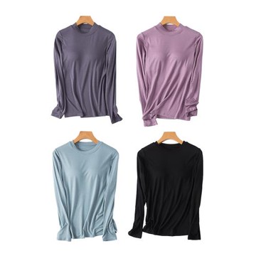 秋冬新款莫代爾圓領半高領帶胸墊長袖T恤女文胸罩杯一體式打底衫