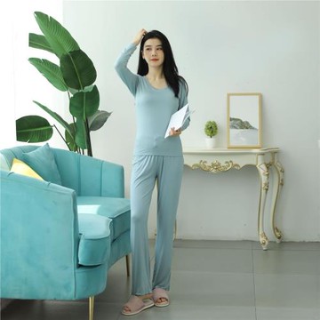 春秋莫代爾帶胸墊長袖長褲睡衣套裝女免文胸上衣荷葉邊長褲可外穿