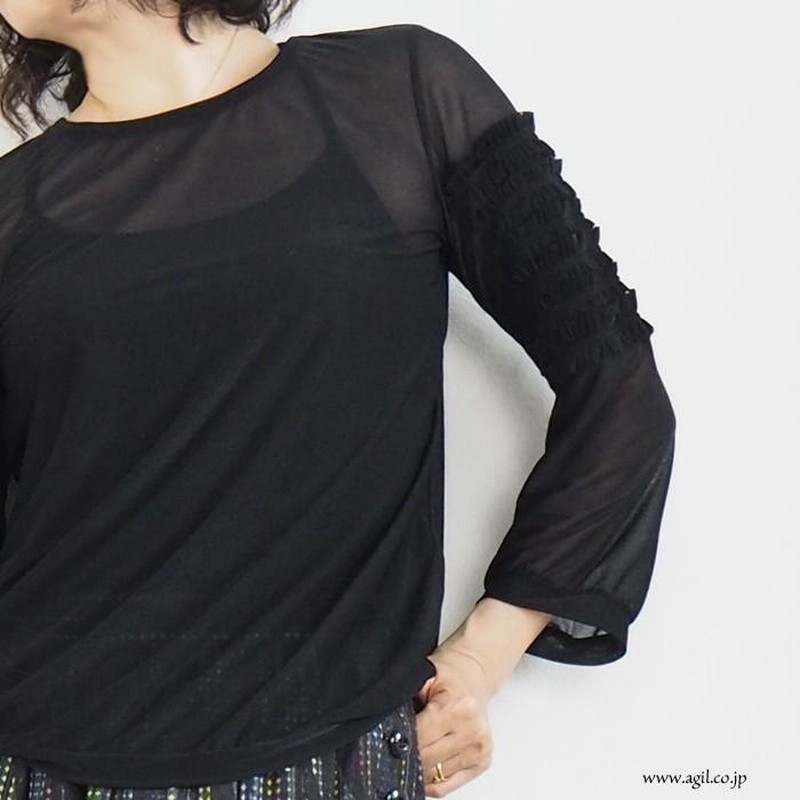 フィラルフレア FERAL FLAIR プルオーバーカットソー 長袖 シアー素材 コットンチュール ブラック クロ レディース FERAL FLAIR フィラルフレア シアー素材 シースルー ラウンド