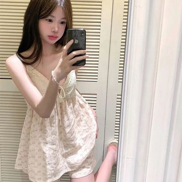 ✨台灣出貨✨帶胸墊吊帶新款睡衣夏天女棉質短褲性感甜美可愛家居服套裝可外穿