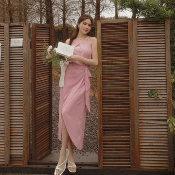 AIR SPACE LADY 削肩背心側綁造型開衩裙套裝(淺綠/杏/灰/粉紅) 女裝 現貨