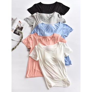 帶胸墊短袖t恤 莫代爾睡衣女夏半袖女家居服瑜伽運動外穿打底衫