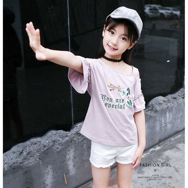 子供服 Tシャツ キッズ 女の子 韓国子供服 綿 半袖 肩出し 丸い襟 刺繍