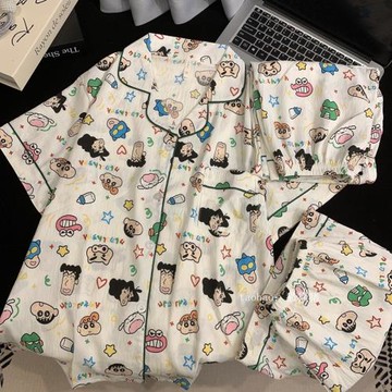 蠟筆小新情侶純棉睡衣女夏季短袖三件套棉綢大碼寬松男士家居服薄
