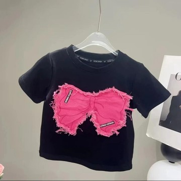 Ary 女童短袖 兒童短袖 女童上衣 寶寶T恤 童裝純棉兒童夏季短袖T恤新款時尚洋氣休閑百搭女童蝴蝶結短袖上衣潮