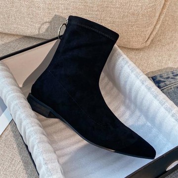 粗跟后拉鏈短靴2024秋冬新款平底尖頭瘦瘦靴平跟增高彈力靴裸靴女