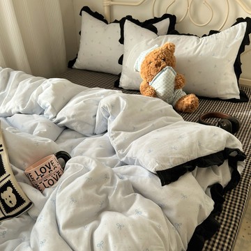 韓系花邊四件套 水洗棉蝴蝶結被套 愛心 紫色氛圍感 小黑格床單 公主風 單人床單套組 雙人四件組