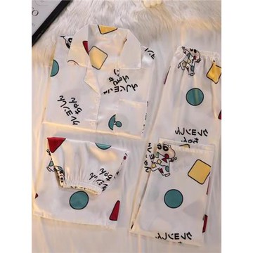 睡衣女夏季冰絲短袖薄款可愛蠟筆小新夏天家居服胖mm大碼三件套裝