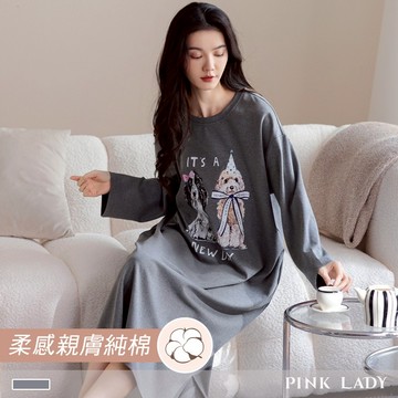 Pink Lady 純棉睡裙 毛孩日常 長袖睡衣 棉柔 春秋睡衣 圓領 印花 柔感 女睡衣 連身睡裙 居家服 55190