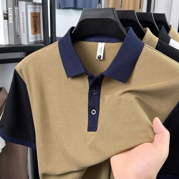 【上新 春夏短袖 男裝短袖POLO 短袖 Polo衫】男士拼色Polo衫卡其色撞藏青领经典翻领纽扣门襟 透气中年休闲T恤
