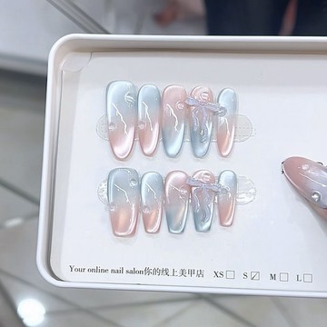💗台灣出貨💗純手工捏製工藝薄荷汽水浮雕蝴蝶測光貓眼款穿戴甲美甲貼片