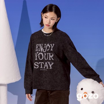 【gozo】特殊蠟洗復古標語印花大學T(黑色/藍色_F) | 女裝 圓領 休閒