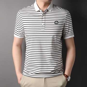 夏季休閑polo衫男翻領條紋短袖棉t恤中青年潮流韓版男裝半袖體恤