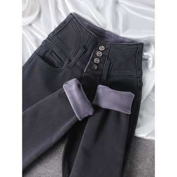 高腰煙灰色加絨牛仔褲女2025年秋冬外穿彈力修身加厚一體絨小腳褲