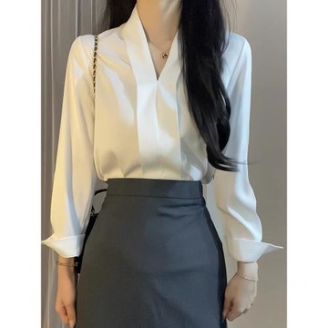 白色V領長袖輕熟風職業襯衫女士春裝新款高級感氣質通勤內搭上衣