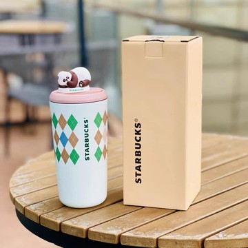 星巴克杯子2026新年禮物可愛旅行熊貓系列復古粉棕菱格磁吸杯蓋不鏽鋼桌面咖啡杯子