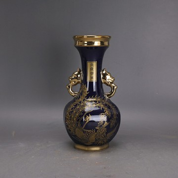 宋定窯鎏金藍釉描金獸耳六方瓶夜光瓷器古玩老物收藏仿古家居擺件