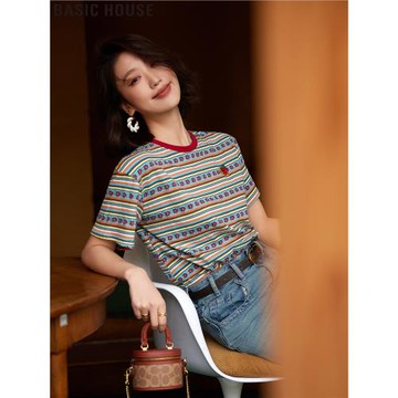 Basic House/百家好多巴胺撞色條紋刺繡短袖T恤上衣女2025夏新款