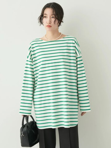 橫條紋長版寬鬆落肩純棉長袖T恤(1N31L1G0100) - earth music&ecology