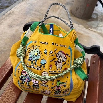 免運日系刺繡黃色虛擬環保購物袋斜挎帆布包2025單肩通勤包
