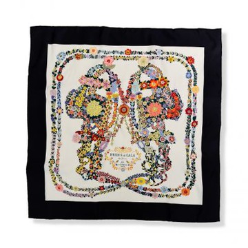 HERMES 90cm 方巾/絲巾 (經典圖騰 花團錦簇 黑白色系)