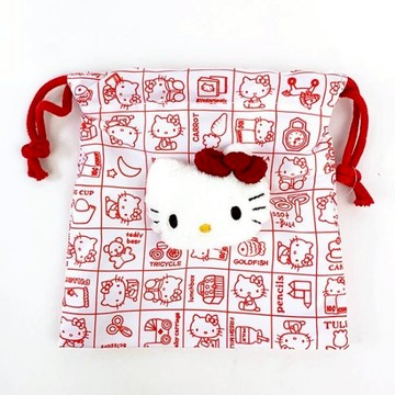 asdfkitty*KITTY復古紅格束口袋/立體大臉收納袋/置物袋/禮物袋-日本正版商品