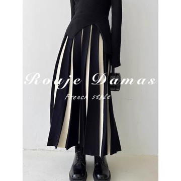 Rouje Damas高腰百褶針織半身裙女小眾設計感拼色a字半裙遮跨傘裙